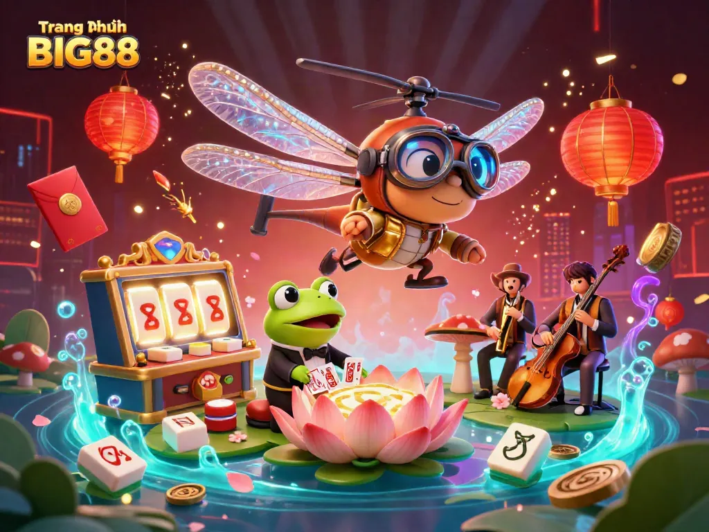 Experience excitement at Trang Chủ BIG88 with vibrant dragons, frog croupiers, and jazzy cricket musicians.