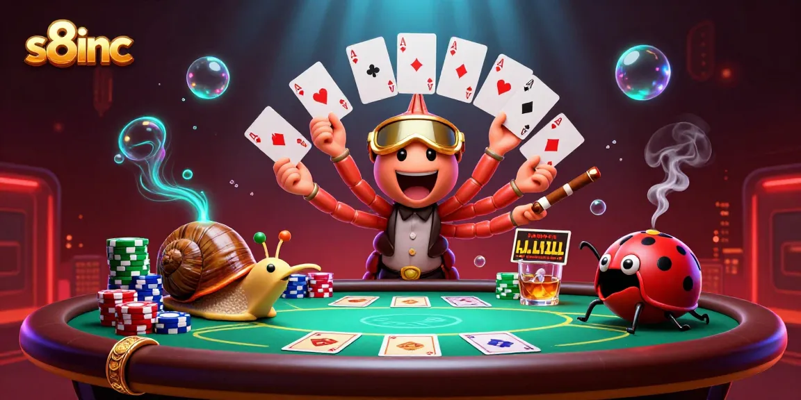 Engage in rich gaming with s8inc, featuring a millipede dealer showcasing cards at a vibrant casino scene.