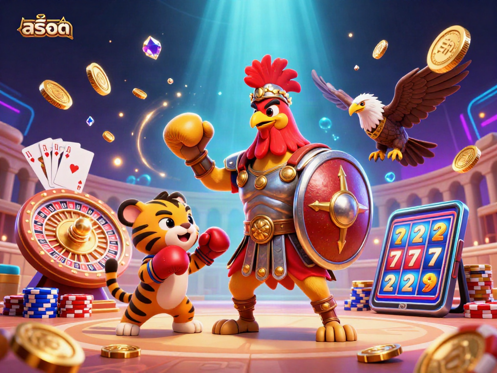 Experience the thrill of สล็อต with a 3D gladiator rooster and dynamic casino elements.