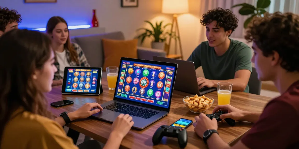 Friends enjoying situs slot games on a laptop with snacks in a cozy living room.