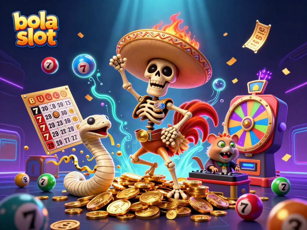 Engage in slots excitement with bola slot in a vibrant casino scene featuring cartoon characters.