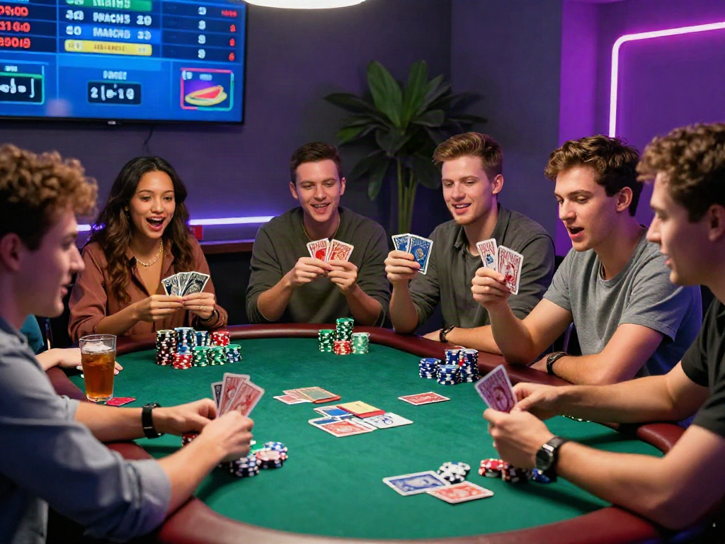 Group of friends enjoying bandar ze togel online games at a poker table, vibrant atmosphere, live betting screen.