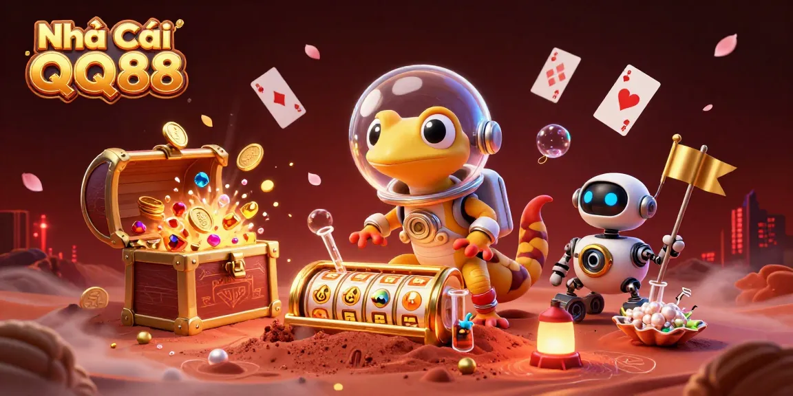 Engage with Nhà Cái QQ88 in a vibrant casino scene featuring a Martian gecko and exciting game elements.