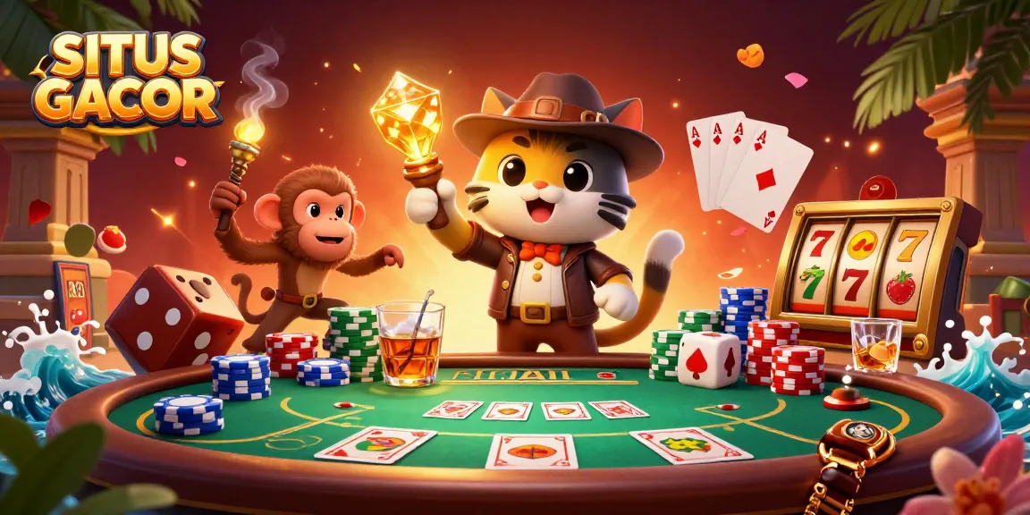 SITE GACOR showcases an explorer cat and monkey amid vibrant casino elements, creating excitement.