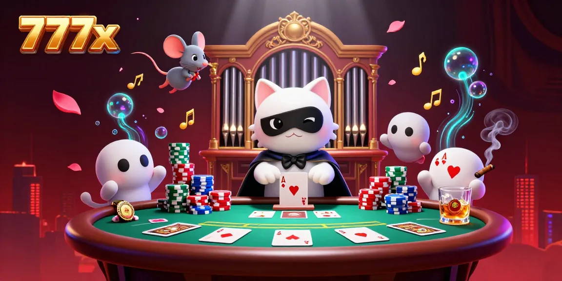 Play with 777x at a vibrant casino scene featuring a half-masked cat and poker elements.