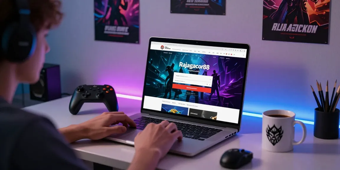 Engaged user on laptop accessing rajagacor88 login page in a modern gaming workspace.