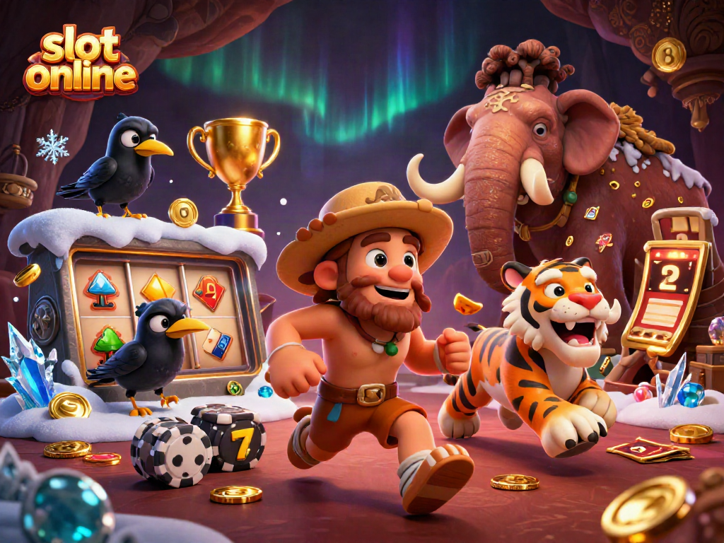 Experience the thrill of slot online with our engaging prehistoric casino scene featuring unique characters and vibrant game elements.
