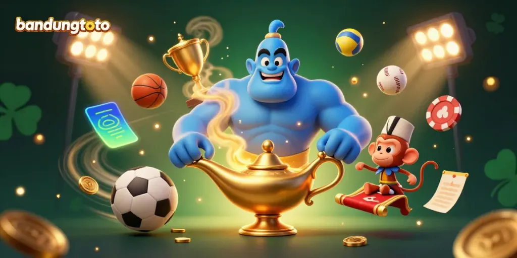 Experience bandungtoto action with a cartoon genie, monkey, and flying poker chips in a dynamic casino scene.