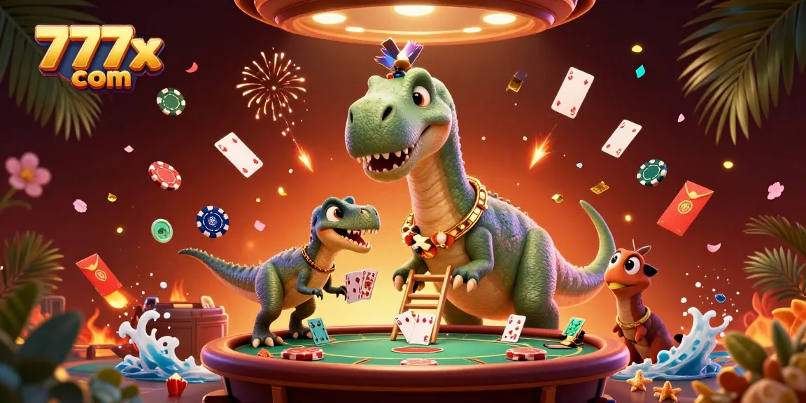Experience the vibrant casino scene at 777x com with a playful brontosaurus and raptor dealers.