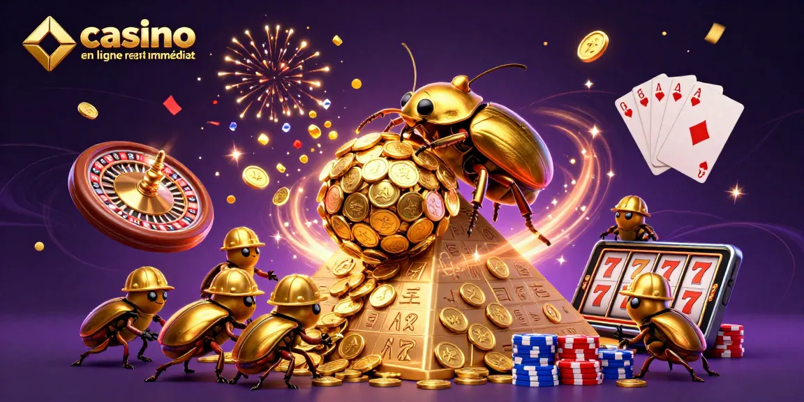 Illustration animée de casino en ligne retrait immédiat, présentant des coccinelles dorées et des symboles de jeu.