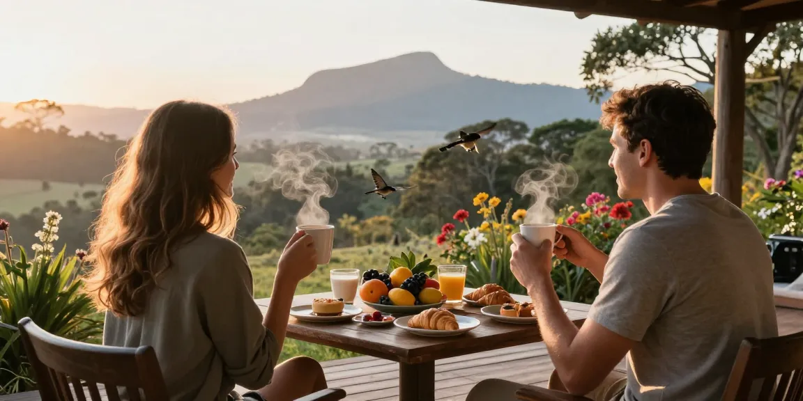 Magaliesburg accommodation breakfast setting with couple enjoying coffee and pastries in a serene outdoor landscape.