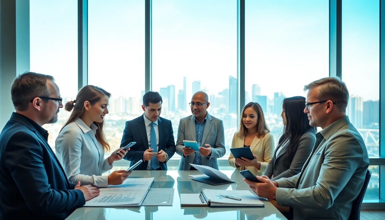 Showcasing Multi-state title and escrow services with real estate agents collaborating professionally in a modern office.