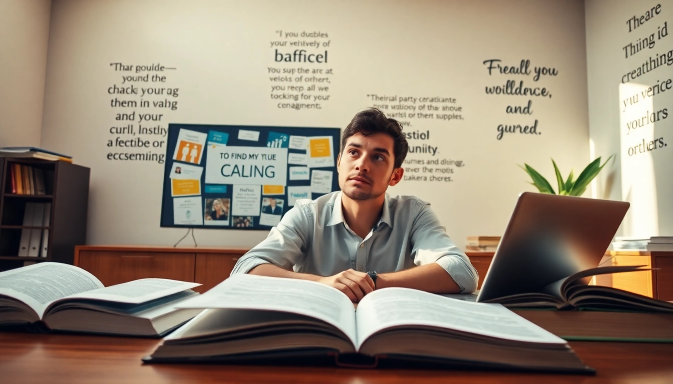 Person reflecting to find my true Calling with books and a vision board.