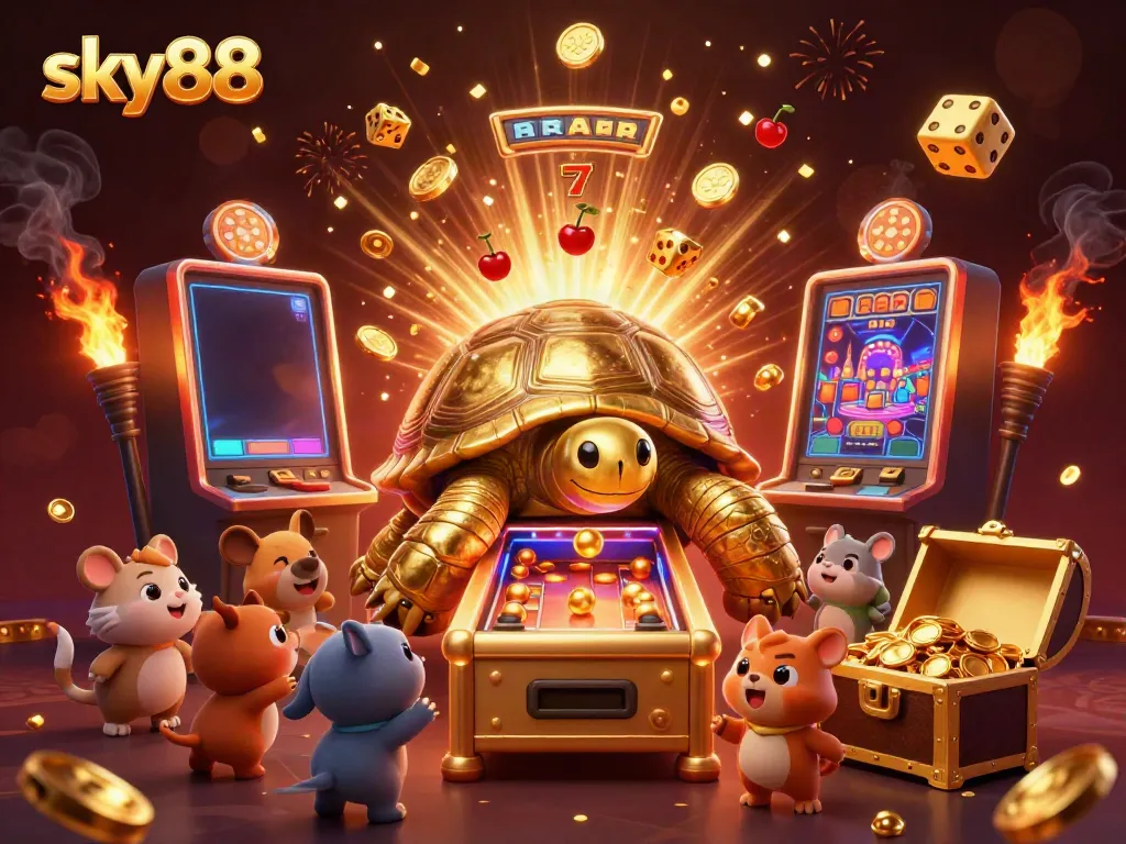 Engage with sky88's vibrant casino world illustrated by a golden tortoise and explosive slot machine.