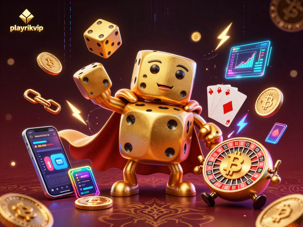 Engage in playrikvip's vibrant casino adventure with golden dice and crypto elements.