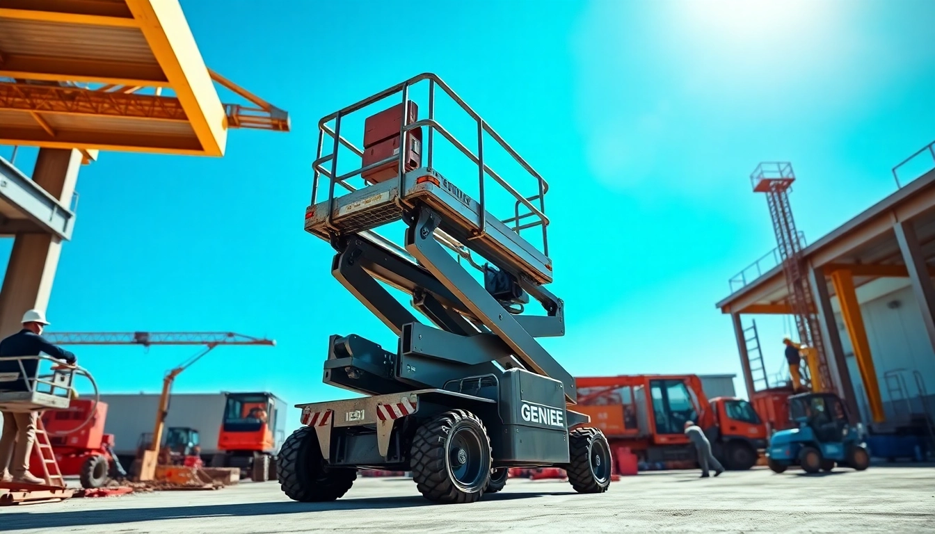 Utilize a genie lift in a dynamic construction environment showcasing its lifting capabilities.