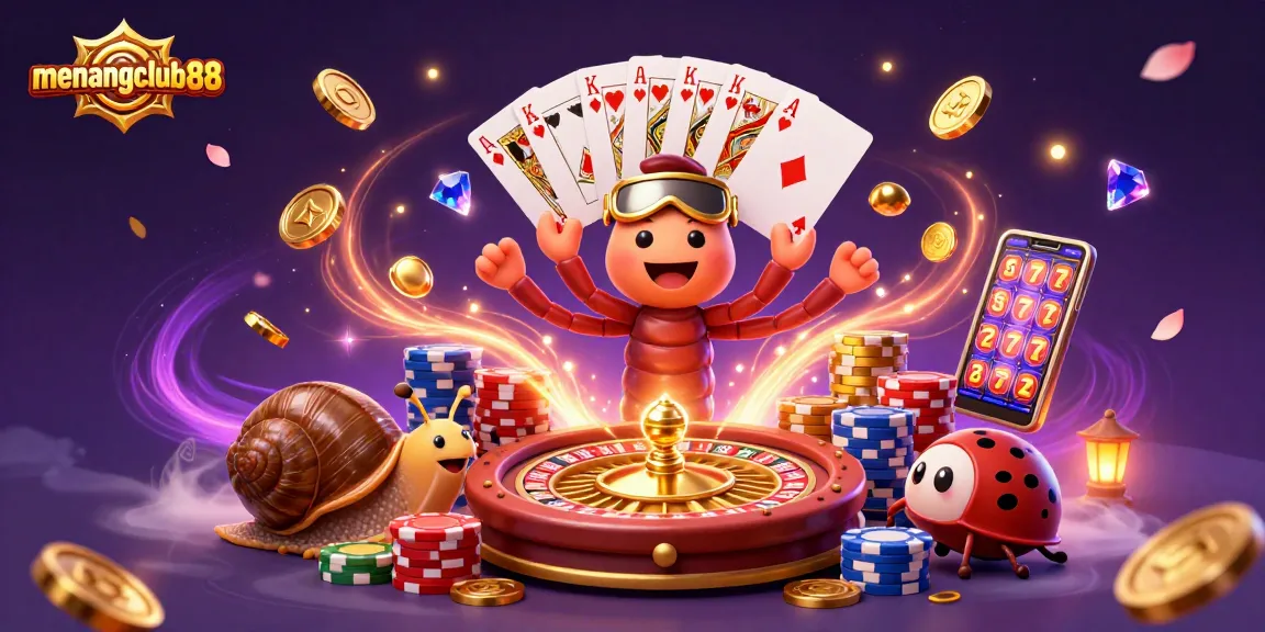 Experience the excitement of menangclub88 with a vibrant 3D illustration featuring a millipede dealer and high-stakes gaming elements.