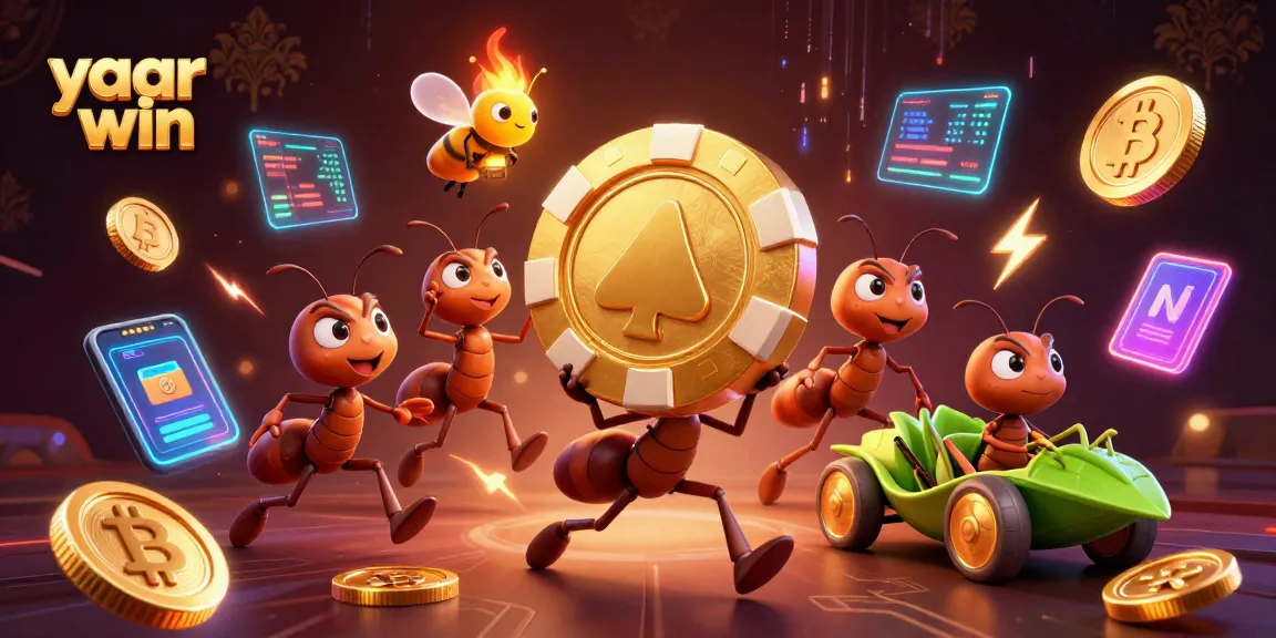 Experience yaar win as ants execute a heist with a giant poker chip in a vibrant, animated scene.