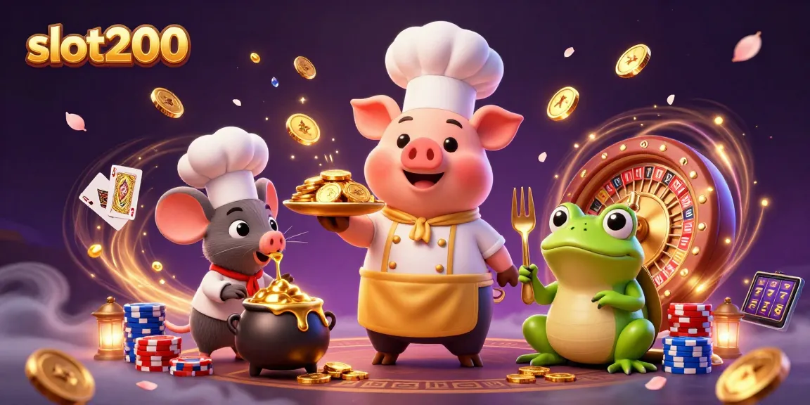 Experience thrilling wins at slot200 with 3D chef pig serving gold coins in a vibrant casino landscape.
