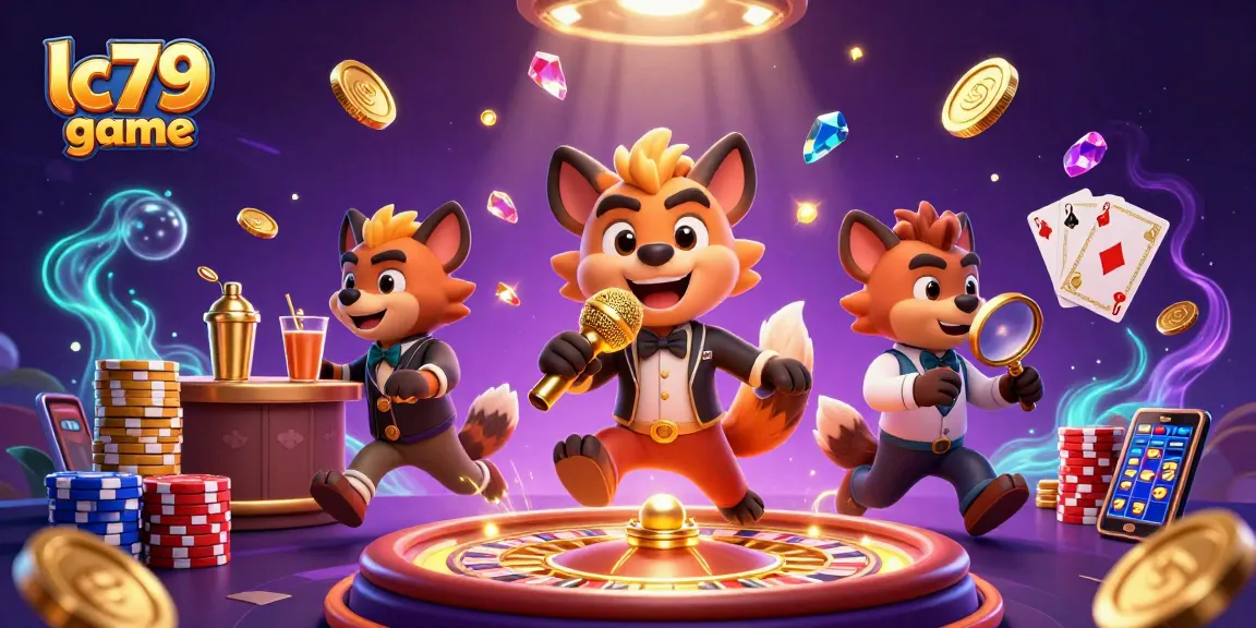Hình ảnh lc79 game với các chú linh cẩu vui tính hoạt động tại một câu lạc bộ casino hài hước