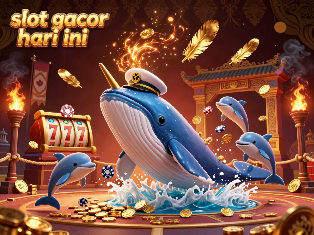 Experience slot gacor hari ini with a playful scene of a giant whale and dolphins among coins.