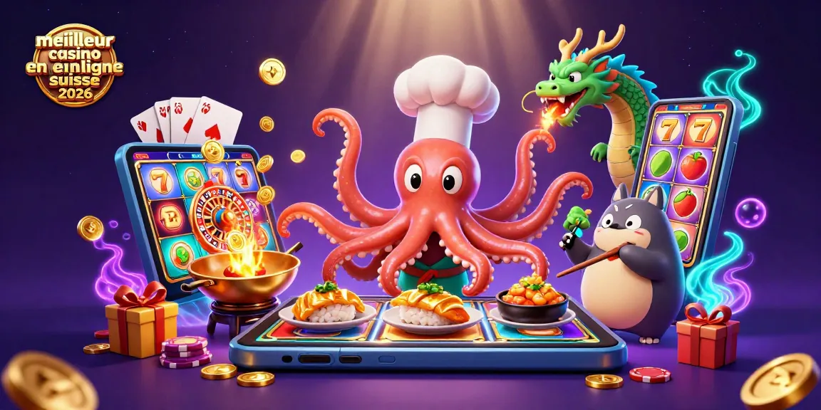 Illustration dynamique de personnages colorés représentant le meilleur casino en ligne suisse 2026 et ses jeux de hasard.