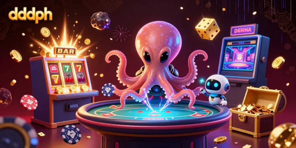 Experience the thrill of dddph with an alien octopus at a holographic poker table amidst casino excitement.