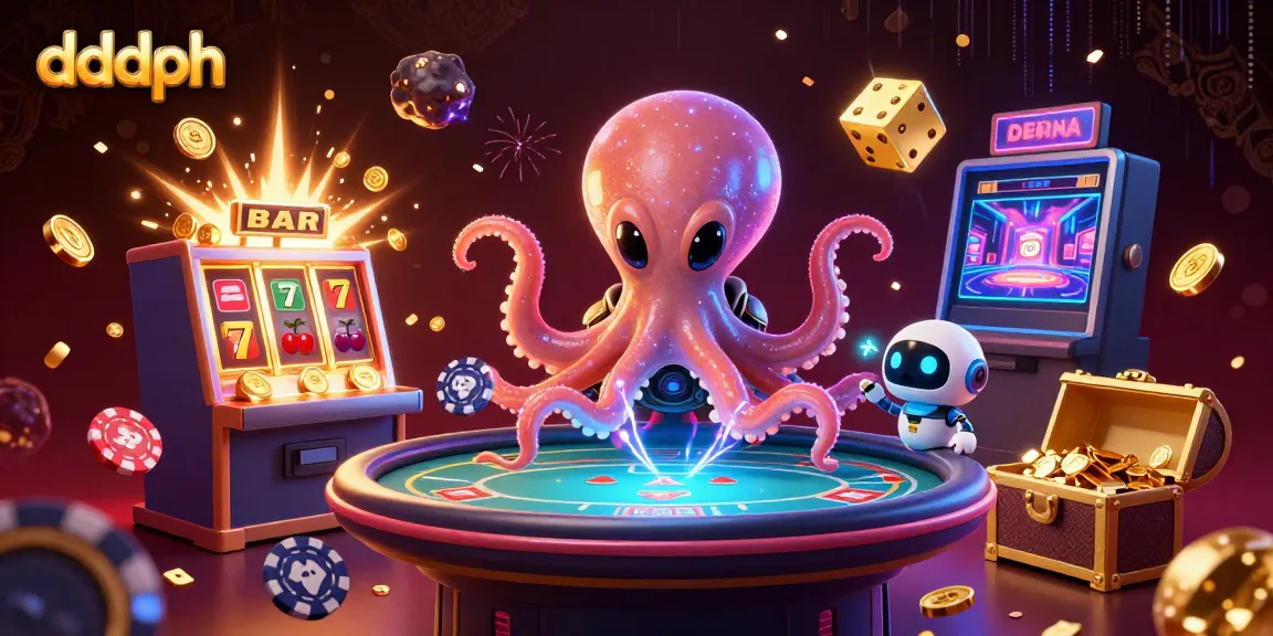 Experience the thrill of dddph with an alien octopus at a holographic poker table amidst casino excitement.