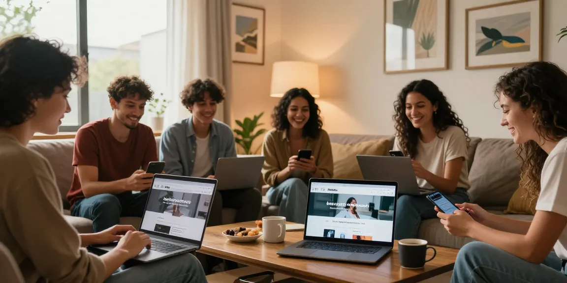 Friends exploring bedpersonal for local classifieds in a cozy living room