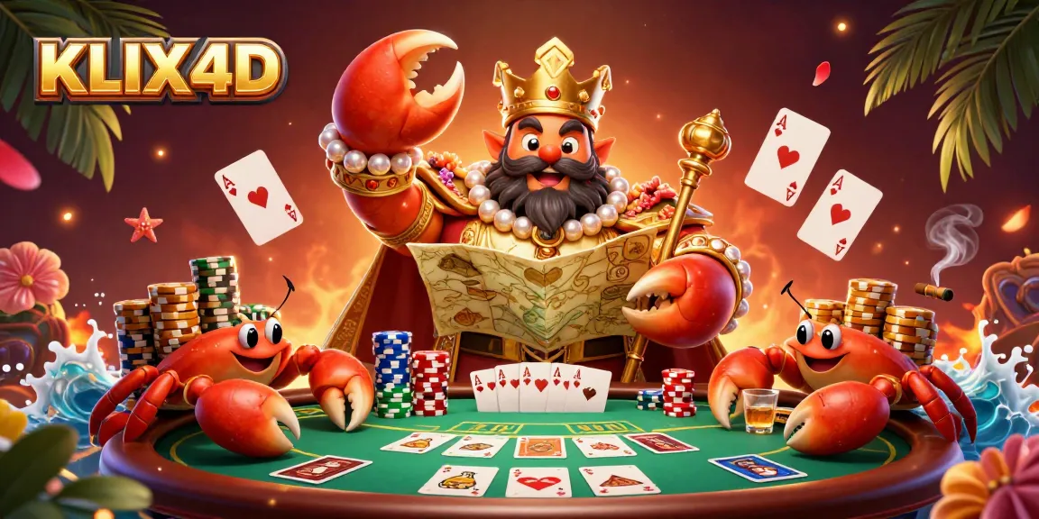 Mengambil jackpot dengan KLIX4D, kepiting emas memimpin permainan kartu poker dengan tumpukan chip emas yang megah.