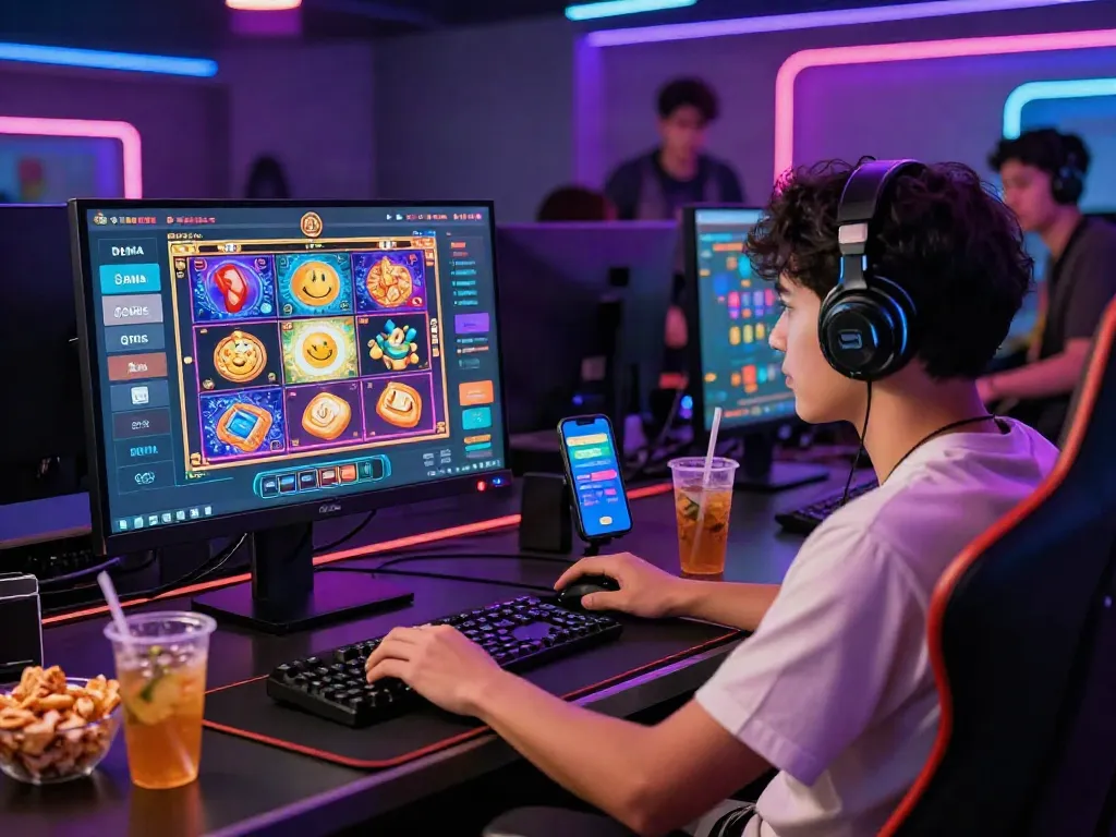 Engaging user playing slot online with DANA payment methods in vibrant gaming setup.