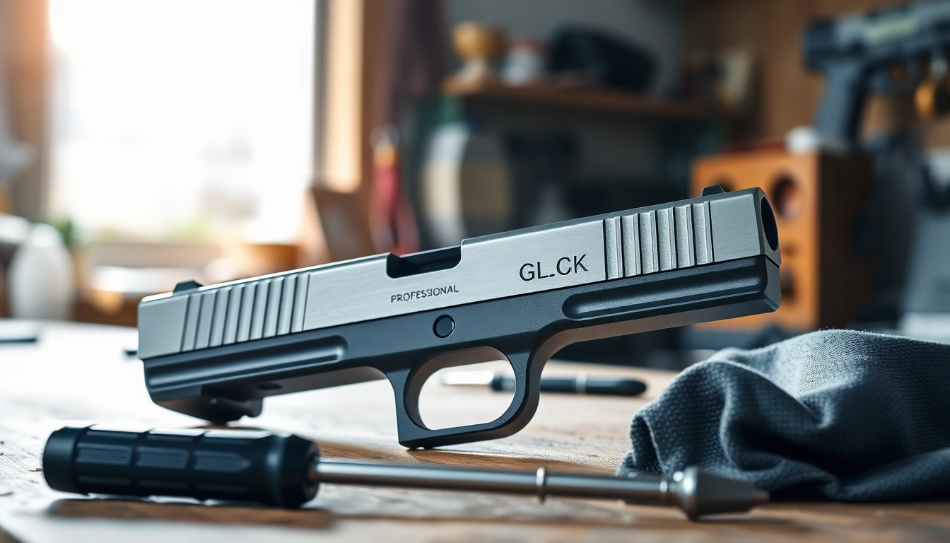 Showcasing a glock 17 slide oem on a workbench with tools, emphasizing its shiny metallic detail