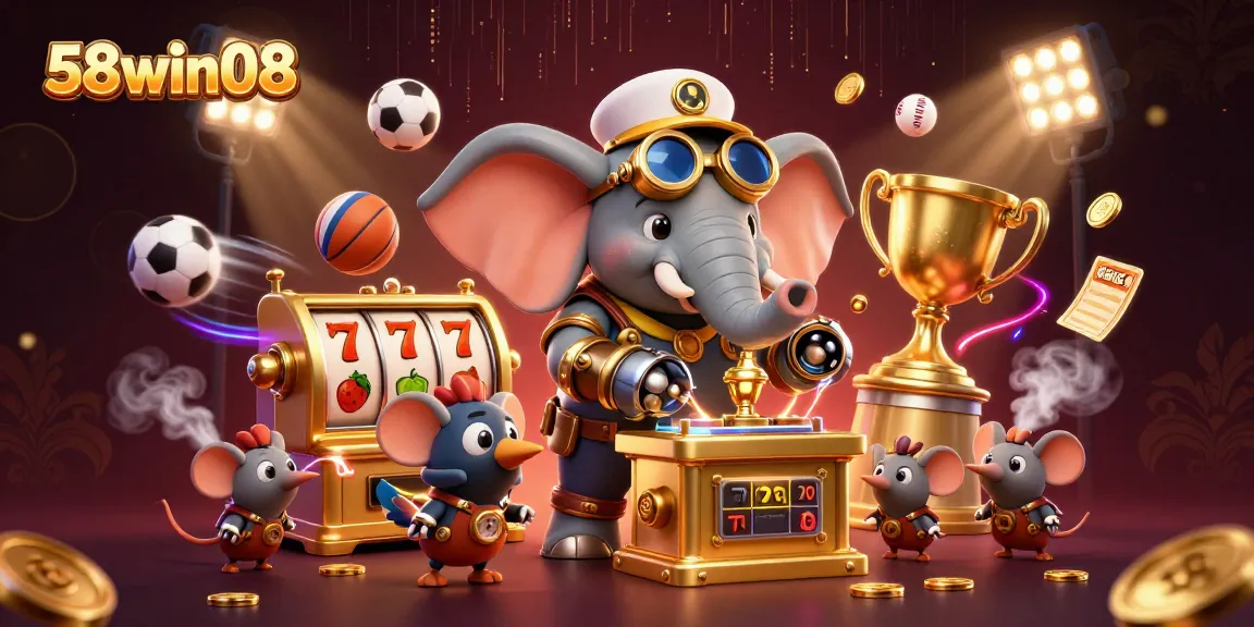 Engage in thrilling gameplay at 58win08, featuring a dynamic 3D steampunk scene with slot machines, sports elements, and vibrant colors.