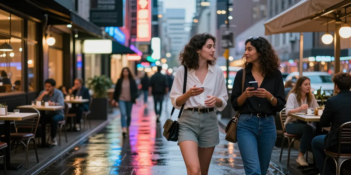 Phụ nữ trẻ tuổi đi dạo trên phố thành phố về đêm, gái gọi, ánh đèn neon rực rỡ.