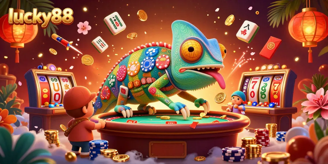 Experience the thrilling lucky88 casino with vibrant chameleon character and rich gaming elements in 3D illustration.