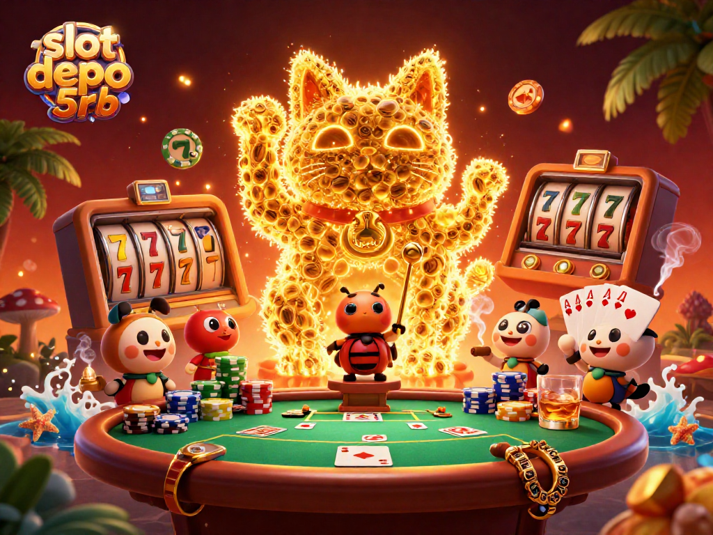 Experience the excitement of slot depo 5rb with a vibrant lucky cat and casino symbols.
