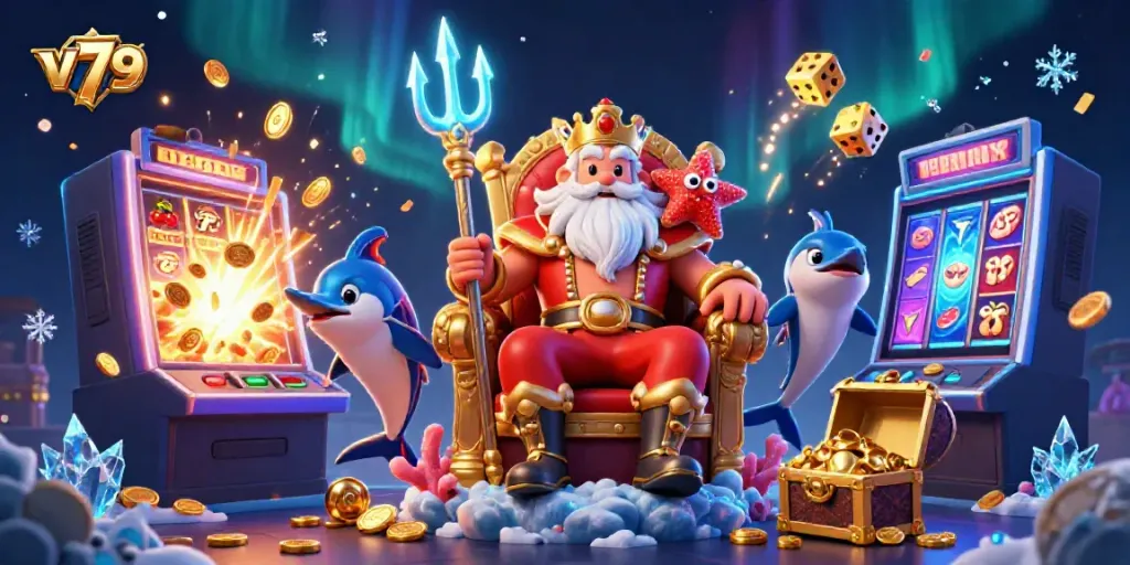 Experience the thrilling world of v79 with this vibrant casino-themed illustration featuring Neptune and striking game elements.