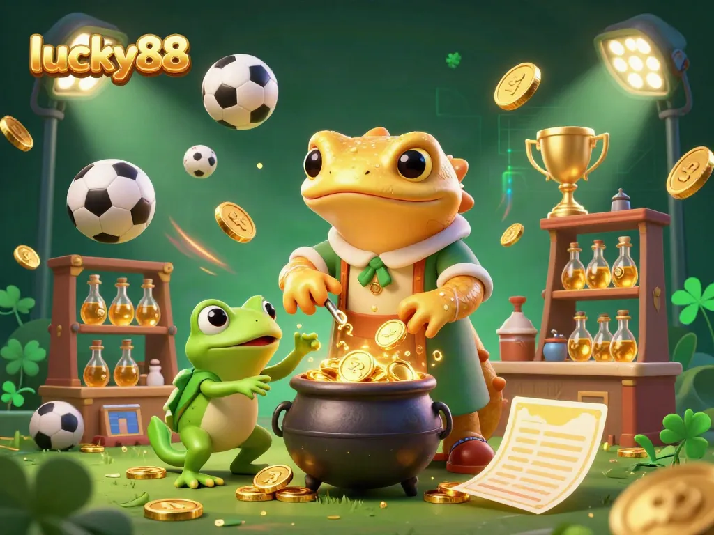 Experience the thrill of lucky88 with a dynamic scene of a golden salamander alchemist and sports betting elements.