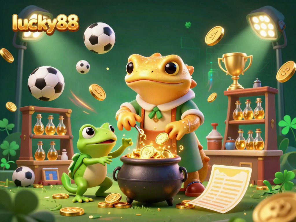 Experience the thrill of lucky88 with a dynamic scene of a golden salamander alchemist and sports betting elements.