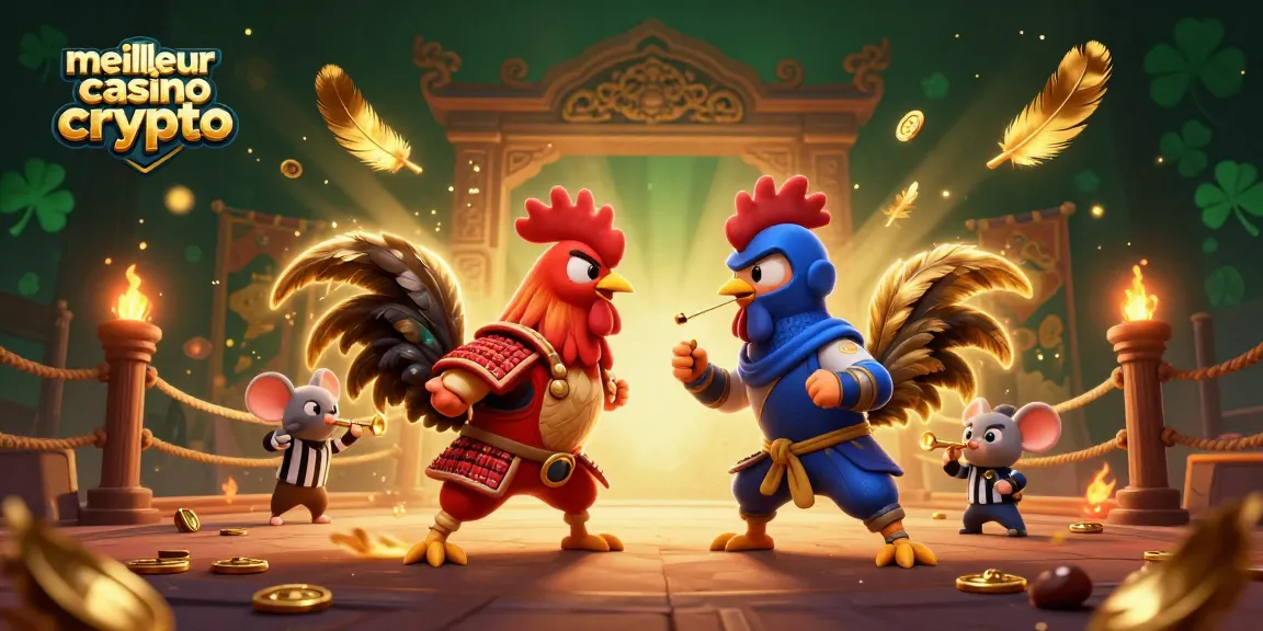 Attirez les joueurs vers le meilleur casino crypto avec des coqs combattants en plein duel, ornés de détails dorés.