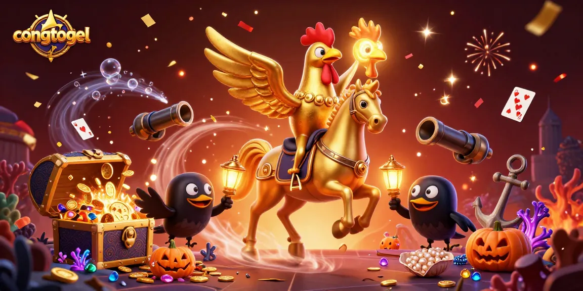 Engage with congtogel in this vibrant casino scene featuring a golden rooster and glowing treasures.