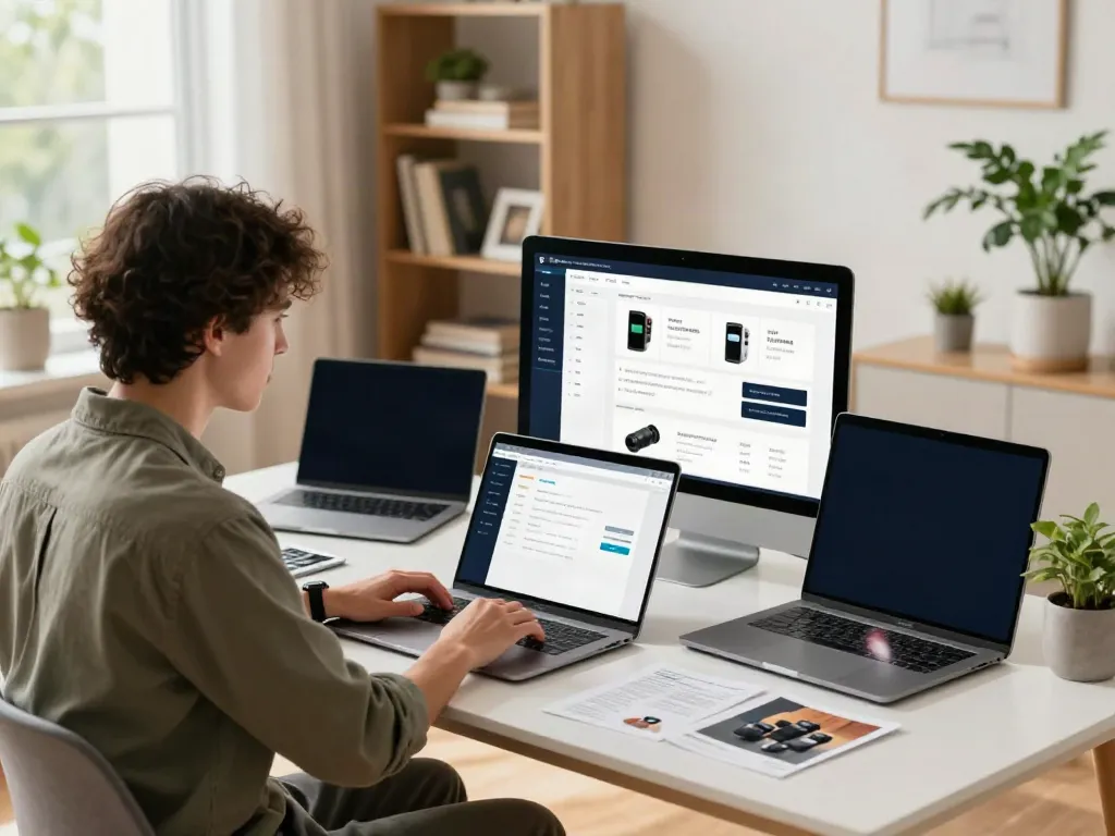 Engaging workspace where an entrepreneur sells products online, showcasing dynamic sales and analytics.