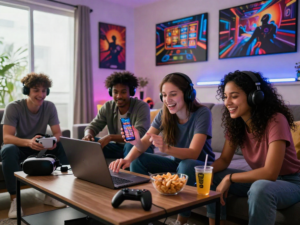 Friends enjoying slot gacor hari ini in a vibrant gaming lounge, engaged in interactive play.