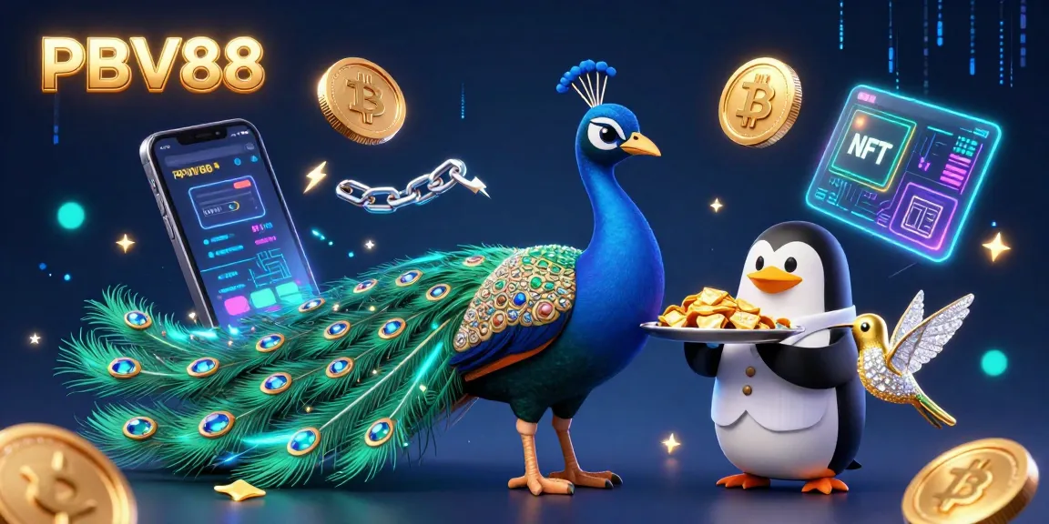 Experience thrilling gaming at PBV88 with a vibrant 3D illustration featuring beloved characters and crypto elements.
