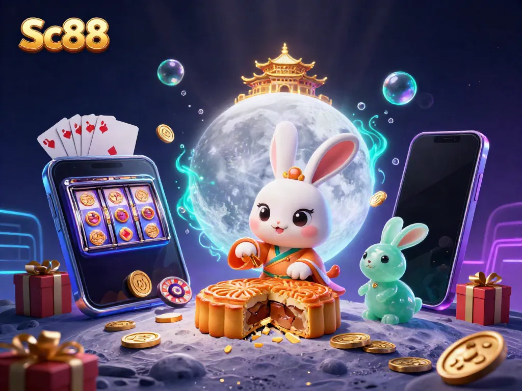 Experience Sc88’s vibrant casino world with an engaging moon rabbit scene, golden coins, and interactive gaming elements.