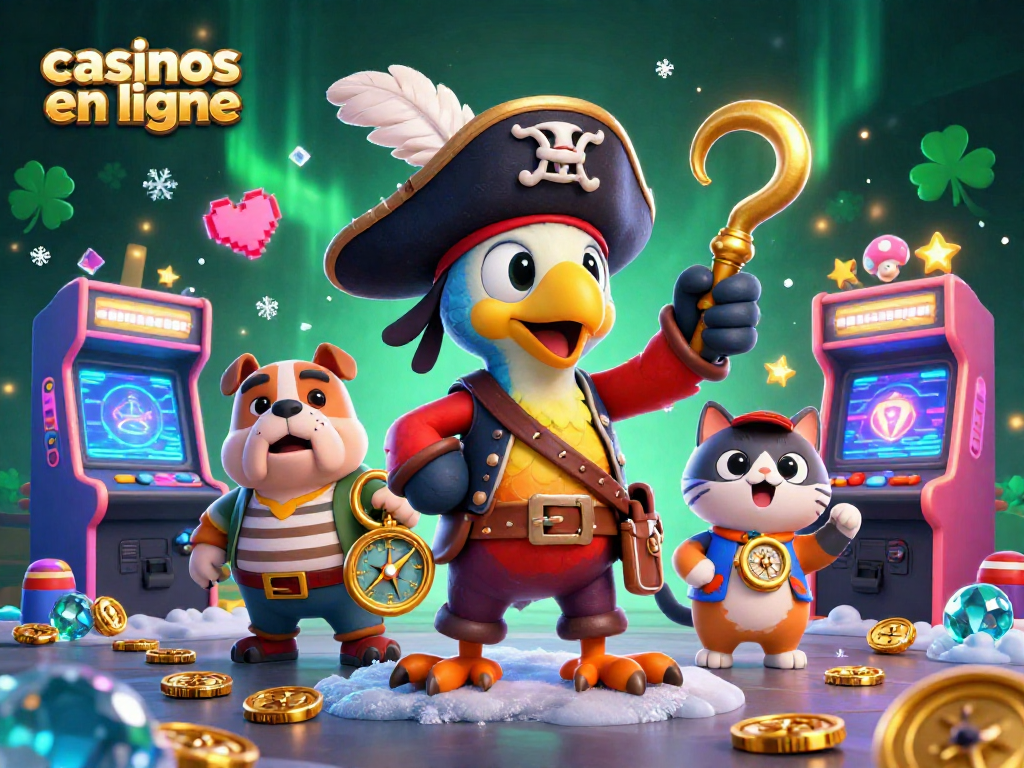 Des personnages dynamiques jouant dans des casinos en ligne, remplis de pièces d'or et de jeux multicolores.