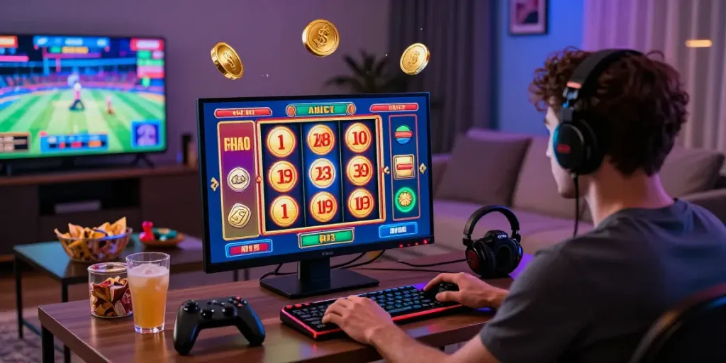 Exciting online casino scene with a player engaging with a slot qris machine and immersive gaming graphics.