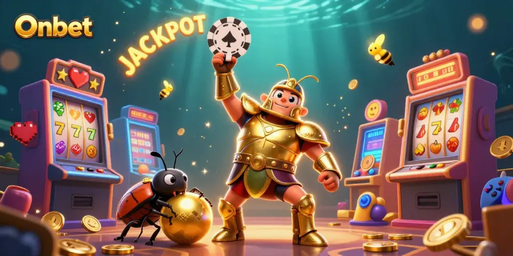 Experience Onbet's thrilling jackpot excitement with 3D characters and vibrant casino elements.