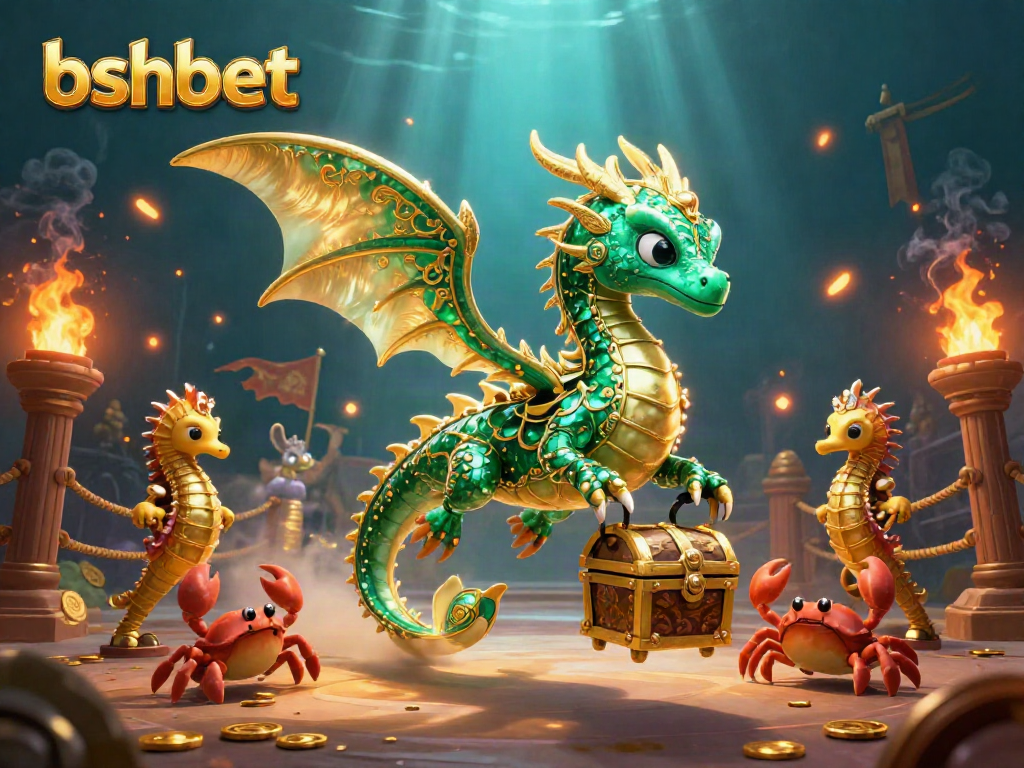 Engage with thrilling casino adventures at bshbet featuring a vibrant sea dragon surrounded by treasure.
