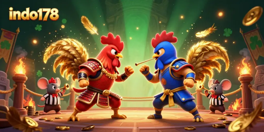 Experience the excitement of indo178 with dynamic gambling action featuring roosters in battle.